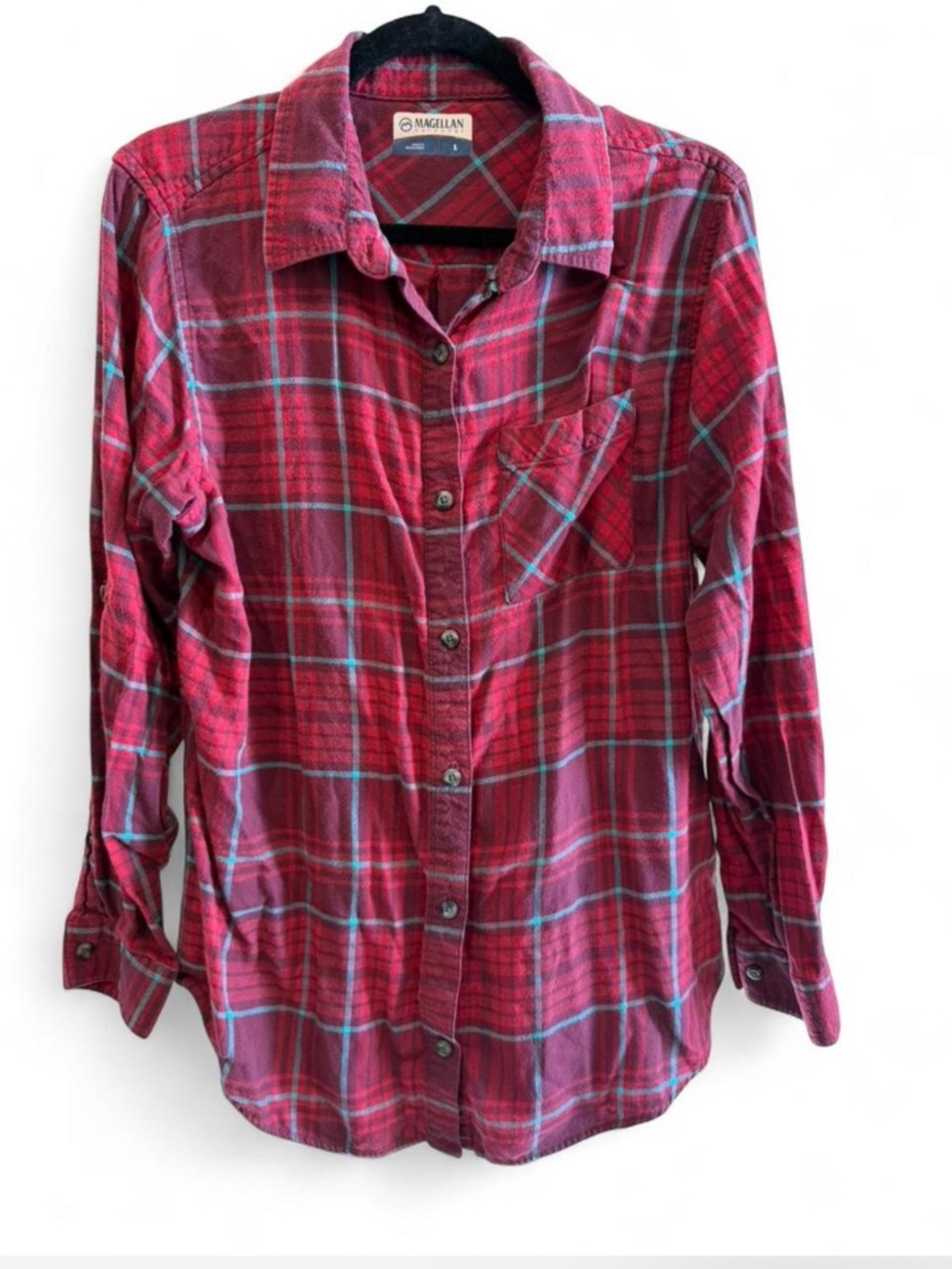Magellan Outdoors Red and Teal Plaid Flannel Shirt